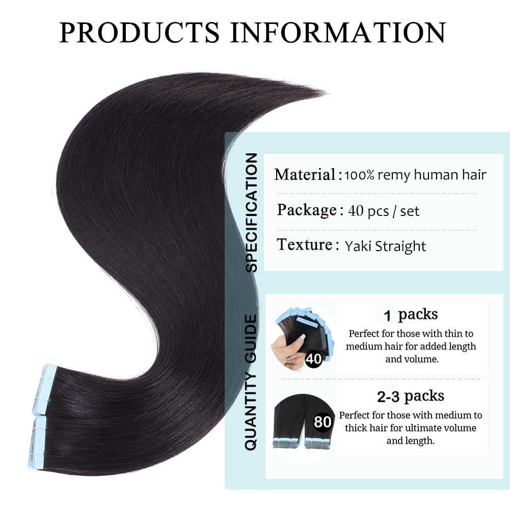 40 PCS Tape in Hair Extensions Human Hair Black Women Yaki Straight Tape in Extensions Human Hair 16 Inch Light Yaki Invisible Skin Weft Double Sided Tape Remy Hair Extensions Natural Black Color