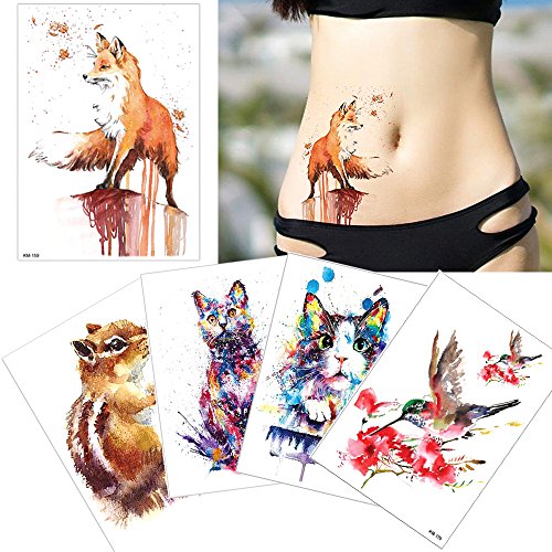 Glaryyears Animal Temporary Tattoos for Adults, Large Watercolor Painting Drawing Fake Creative Tattoo Stickers, 5 Pack Fox Cat Water Transfer Body Makeup Art Home Decoration Multi-colored