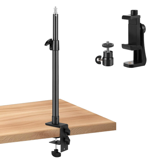 Aqirui Camera Desk Mount Stand with 1/4" Ball Head and Phone Holder Clip, Desktop Light Stand, 14"-23.6" Adjustable Light Stand, for DSLR Camera,Ring Light,Webcam,Phone