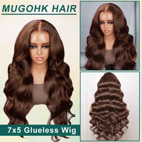 MUGOHK Brown Wear and Go Glueless Wigs Human Hair Pre Cut 30 Inch 7x5 Chocolate Brown Body Wave HD Lace Front Wig Pre Plucked Bleached Knots #4 Dark Brown Lace Closure Wigs 200 Density for Women