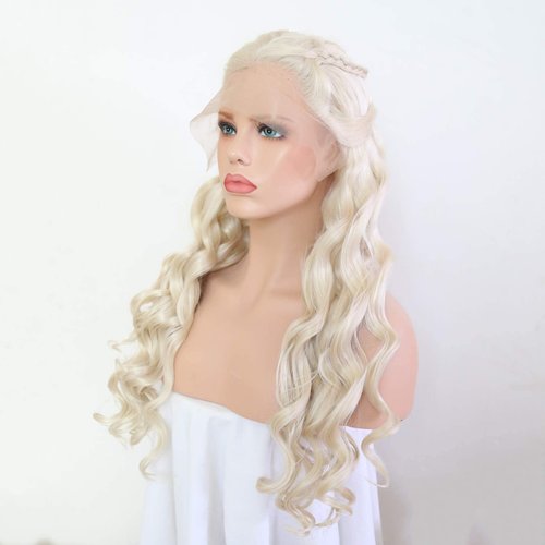RONGDUOYI 26" Cosplay Braiding Hair Style Wig Blonde Body Wave Synthetic Lace Front Wig with Six Plaits Pre Plucked Glueless Halloween Cosplay Party Wigs
