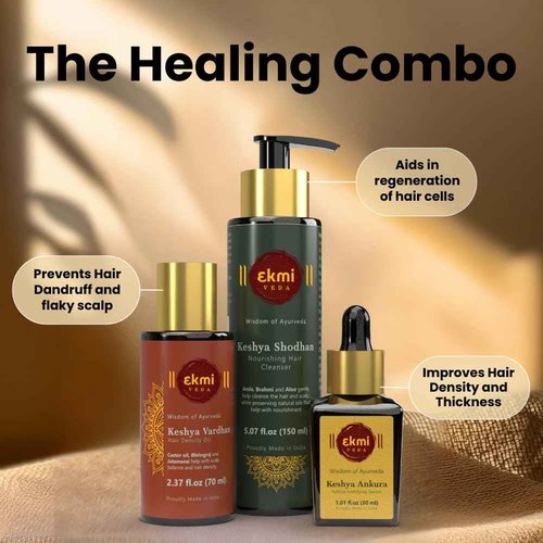 EKMIVEDA Hair Growth Set With Ayurvedic Herbs- Amla, Bhringraj, Castor, Rosemary For Hair Growth. Sulfate Free Hair Thickening Product,3 Pcs - Oil, Shampoo & Serum, 8.45 Fl Oz