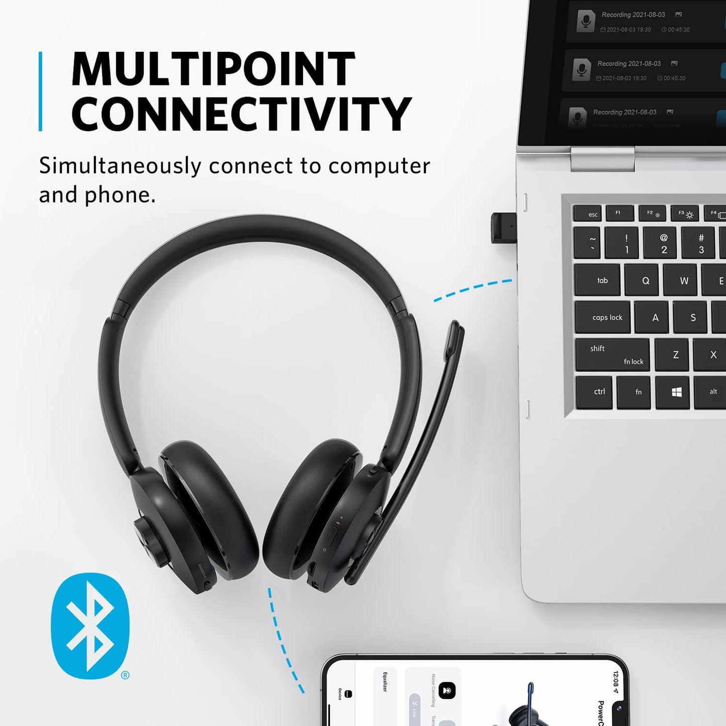 Anker PowerConf H500, Bluetooth Dual-Ear Headset with Microphone, Audio Recording and Meeting Transcription, AI-Enhanced Calls (Headset)
