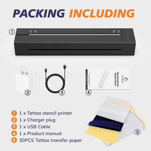 LifeBasis Wireless Tattoo Stencil Printer for Transfer Paper – Portable Thermal Tattoo Printer Rechargeable, Fast A4 Printing, Compatible with iOS/Android/Windows, 30 Sheets & 300 Designs Included