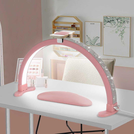 KMLSHLL Half Moon Light for Nail Desk with Phone Holder, Adjustable Brightness 2700K-6000K, 45W Rhinestones Arch Light for Nail Techs
