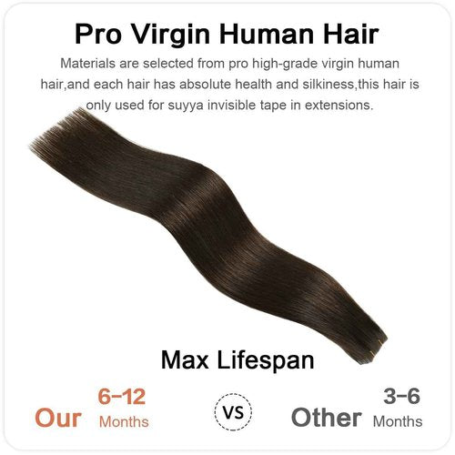 SUYYA Invisible Tape in Hair Extensions Human Hair Darkest Brown Seamless Injected Hand-Tied Pro Quality Virgin Human Hair 20PCS 50G/Pack Straight Tape Ins(18 inch #2 Darkest Brown)