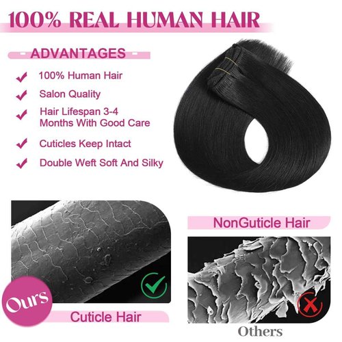 POGINJA Clip in Hair Extensions Real Human Hair, Remy Human Hair Extensions Clip ins for Women, 100% Natural Human Hair, Double Weftm, 24inch 120g 8Pcs, #1 Jet Black