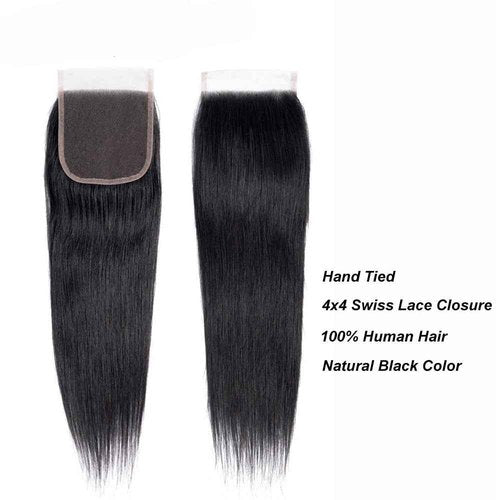 Human Hair 3 Bundles with Closure Straight 100% Unprocessed Virgin Brazilian Hair Bundles with 4x4 Lace Closure Free Part, Double Weft 10A Hair Weave Extensions, Natural Black Color (20" 20" 20" + 14" Closure)