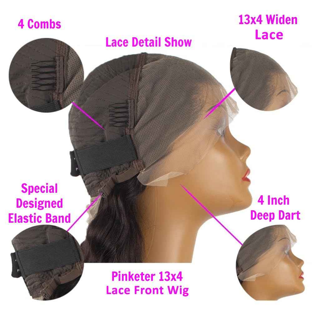 Pinketer 13x4 Body Wave Lace Front Wigs Human Hair 180% Density Brazilian Virgin Human Hair Wigs with Baby Hair Curly Wigs for Black Women Natural Color (Body Wave Wig, 18in)