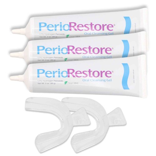 Perio Restore® Gel 3 Ounce Tube; 3 Pack. 1.7% Hydrogen Peroxide Oral Cleansing Treatment Gel. Includes Two (2) Trays for Ease of Application. Mint Flavor