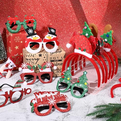 Giegxin 64 Pcs Christmas Glasses Frame and Headbands Set with 32 Cute Party Headband and 32 Funny Eyewear Xmas Hair Headwear for Christmas Xmas Holiday Party Favors