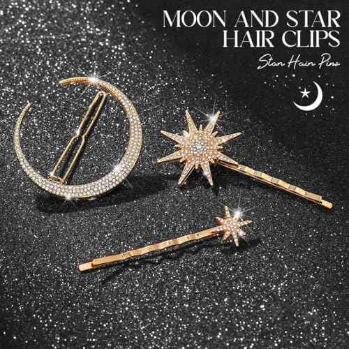 BARTOSI Moon Star Hair Clips Gold Stars Hair pins Crystal Celestial Hair Accessories for Women and Girls (Pack of 3)