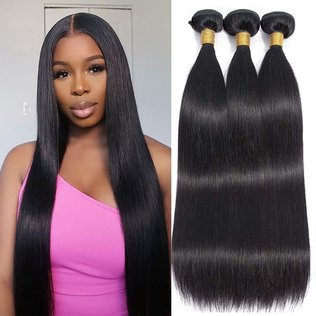 12A Brazilian Straight Bundles Human Hair 18 20 22 Inch, 100% Unprocessed Virgin Human Hair Bundles Straight, Sew In Hair Extensions Quick Weave 3 Glossy Hair Bundles, 300g/Pack Natural Black Color