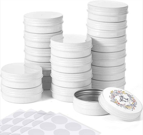Patelai 2 oz 120 Pcs Metal Round Tins Aluminum Tin Cans Salve Tins Containers with Screw Lid 20 Sheets Stickers for Christmas Salve Spice Candies Balms Candles(White)