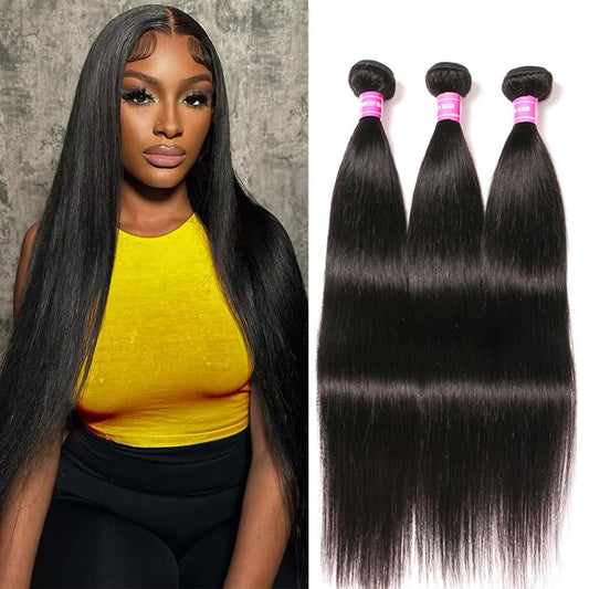 12A Human Hair Bundles 22 24 26 Inch Brazilian Straight Hair 3 Bundles 100% Unprocessed Virgin Human Hair Weave Straight Hair Extensions Natural Black（22 24 26）