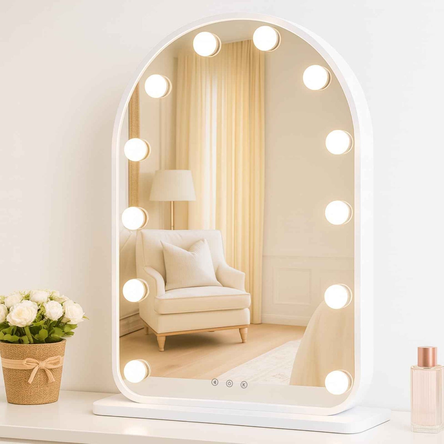 LUXFURNI Vanity Mirror with Lights, 24.5" x 15.8" Arched LED Makeup Mirror, Lighted Hollywood Mirror with Lights, Smart Touch Control Dimmable 3 Modes Light, White