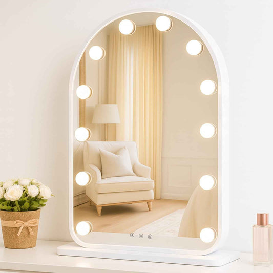 LUXFURNI Vanity Mirror with Lights, 24.5" x 15.8" Arched LED Makeup Mirror, Lighted Hollywood Mirror with Lights, Smart Touch Control Dimmable 3 Modes Light, White
