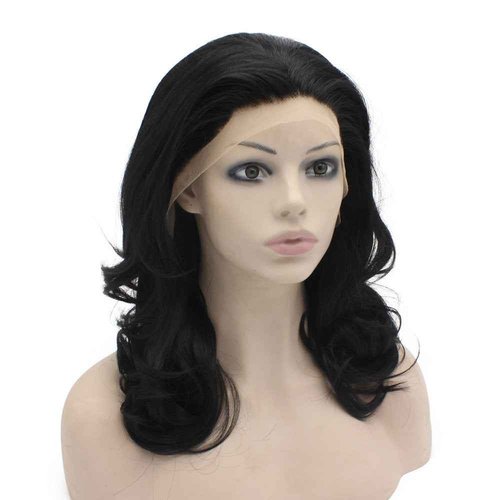 MX angel Medium Long Wavy Black Heat Resistant Synthetic Hair Lace Front Natural Wig