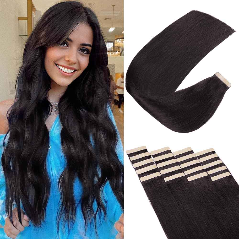 Human Hair Tape in Extensions, Natural Black Hair Extensions Real Human Hair 20 Inch 20pcs Remy Straight Tape ins Invisible Tape in Hair Extensions Human Hair (1B#,20 Inch)