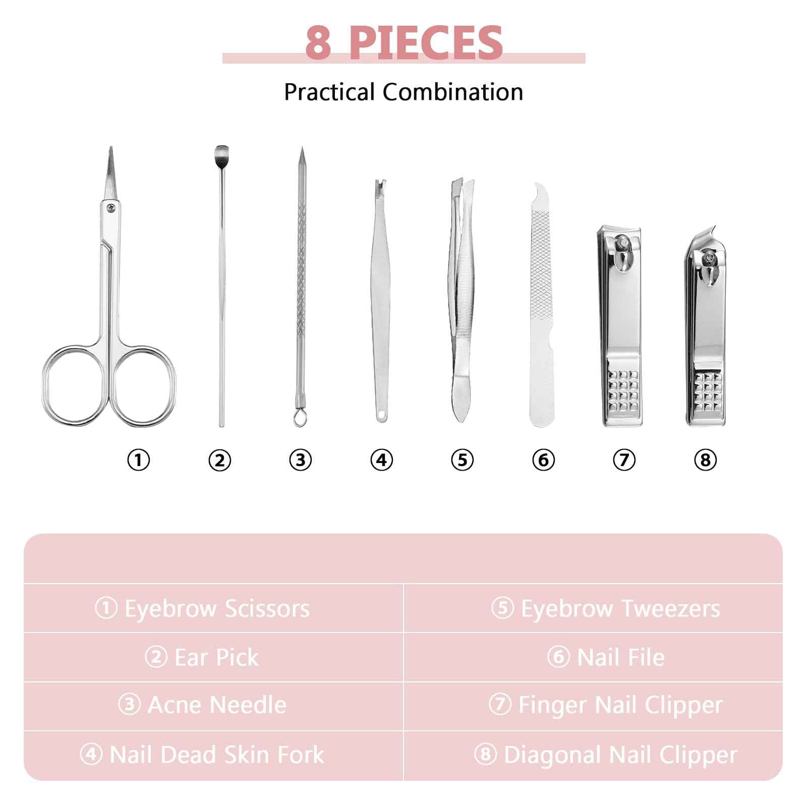 Lasnten 24 Set Christmas Manicure Set Bulk Nail Clippers Grooming Nail Kit Stainless Steel Professional Pedicure Kit Pedicure Tools with Travel Case Gifts for Xmas Men Women(8 in 1,Shiny Pink)