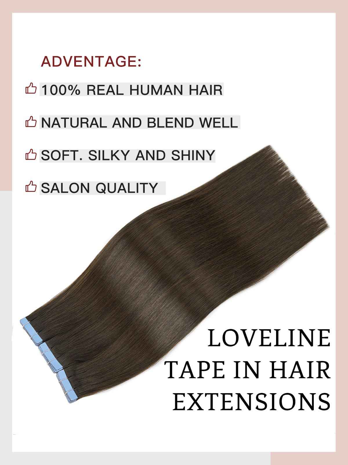 LOVELINE Tape in Hair Extensions Human Hair, Drak Brown, 22 Inch 20Pcs 50g, Skin Weft Seamless Invisible, Soft and Thick Luxury Remy Human Hair Extensions