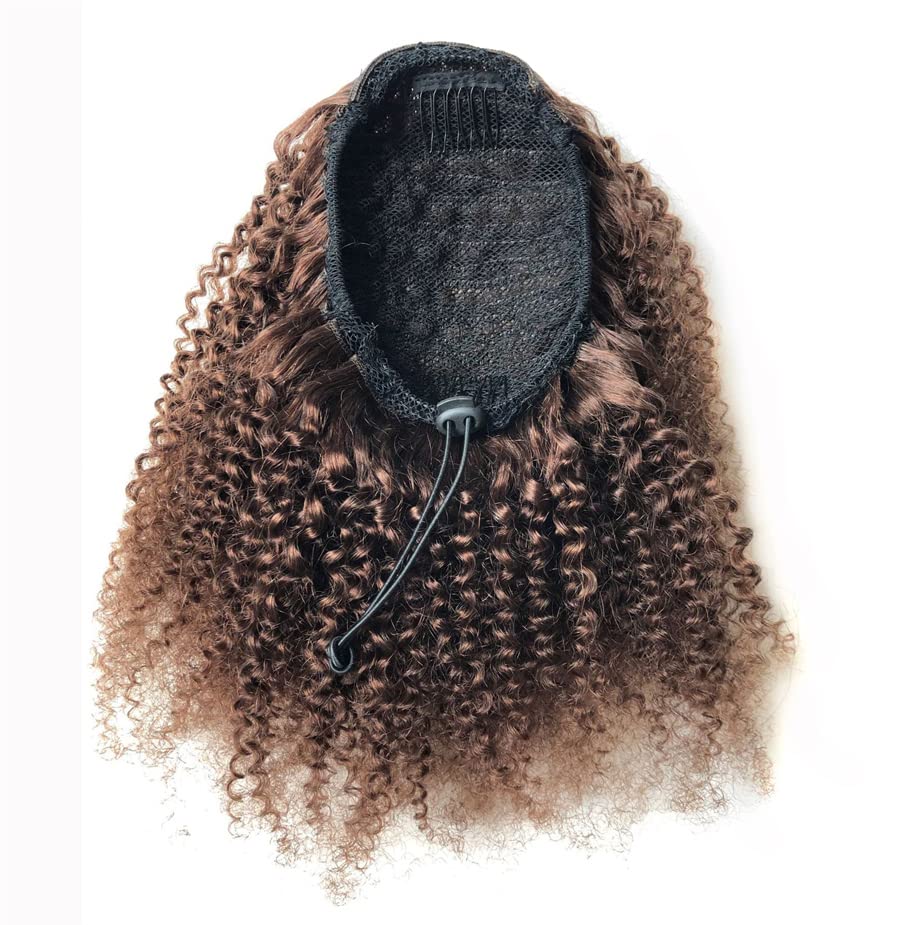GREEMEO Afro Puffy Human Hair Ponytail Extensions Drawstring 100% Real Remy Hair Afro Kinkys Curly Bun Extension With Two Combs #4 Medium Brown 10 Inches