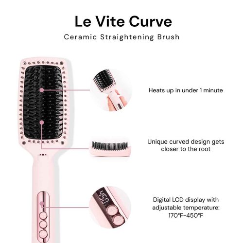 L'ANGE HAIR Le Vite Curve Ceramic Straightening Brush | Heated Straightener Flat Iron for Smooth, Anti Frizz Hair | for All Hair Lengths | Hot Styling Brush for Effortless Straightening (Blush)