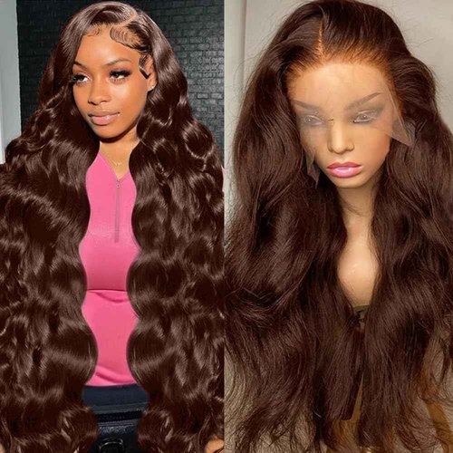 abbildung 28inch Chocolate Brown Lace Front Wig Human Hair 13x6 HD Transparent Body Wave Lace Front Wigs Human Hair Pre Plucked Glueless Frontal Brown Wig Human Hair 180% Density #4