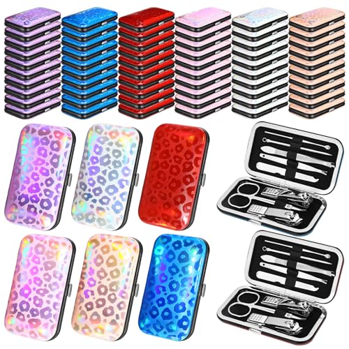 60 Pack Manicure Set Bulk Gifts Stainless Steel Nail Clipper Set with Case 8 in 1 Personal Pedicure Kit for Women Men Gifts for Christmas(Mix Color,Leopard)