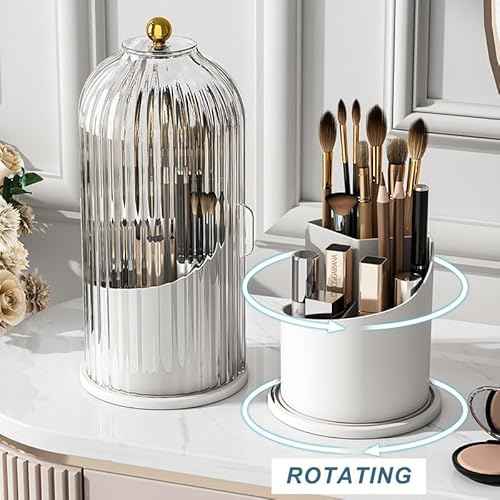 1PCS Makeup Brush Holder Organizer with Clear Lid 360 Rotating Sliding Opening Dustproof Brushes Container for Vanity