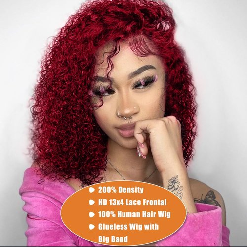 DJFG Deep Wave Lace Front Wigs Human Hair Curly Wig Human Hair HD Frontal 200 Density 13x6 Lace 99j Burgundy Red 14 Inch