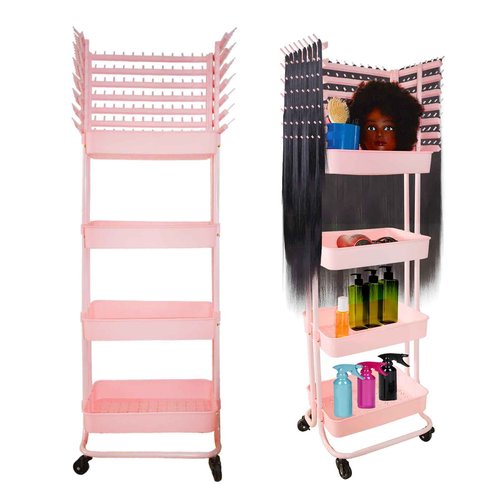 ICCTUO Braiding Hair Rack with 196 Pegs, Hair Extension Holder with 4 Tiers Storage Cart, Elegent Pink Braiding Rack Stand for Hair Braider, Sturdy Hair Rack for Salon, Home, Beauty School