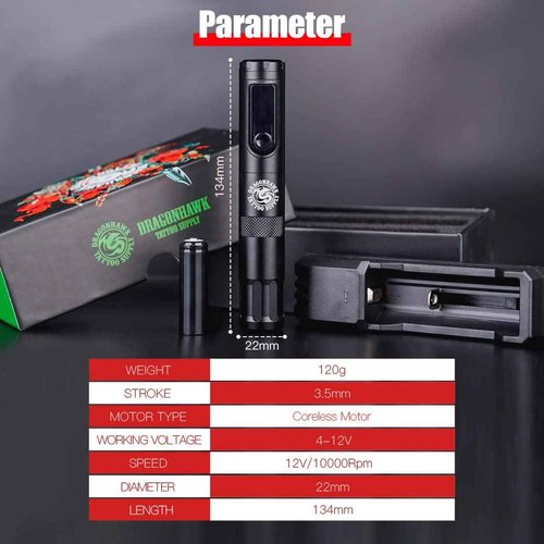 Dragonhawk X4 Tattoo Pen Kit Wireless Tattoo Machine Gun Kit Tattoo Cartridges Needles Black Tattoo Ink Supplies General Tattoo Kit TZ-025