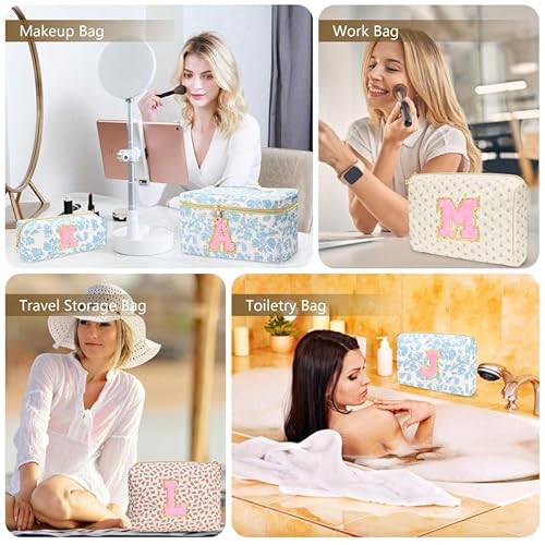 3 PCS Travel Makeup Bag Set,A-Z Initials Cotton Make up Bag Floral Quilted Cosmetic Bag for Girls and Women,Personalized Christmas Gifts,Cute Toiletry Travel Accessories Brushes Bags-E