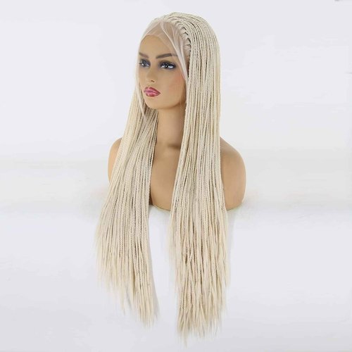 BTWTRY Platinum Blonde Braided Synthetic Lace Front Wigs for Black Women Heat Resistant Fiber Hair Micro Braided Hair Box Braids Wig African American Hair (24inch, #60 Color)