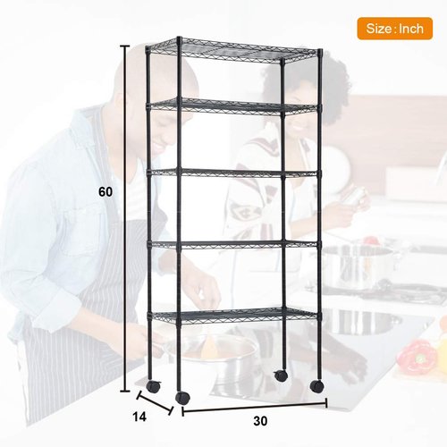 BestOffice | 5-Tier Wire Storage Shelves with Wheels | 14x30x60 | Black | Adjustable Racks | Heavy-Duty Metal Shelf, Holds Upto 220 lbs | No-Tool Assembly | Ideal for Home & Garage Shelving