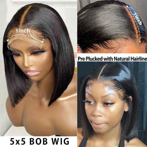 5X5 Closure Bob Wigs Human Hair Straight 8 Inch 5x5 HD Transparent Bob Lace Front Wigs Human Hair Wear and Go Glueless Wig Pre Plucked with Natural Hairline Short Bob Lace Closure Wigs for Black Women