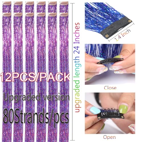 Hair Tinsel Clip in Purple Fairy Hair for Girls for Party Cosplay Christmas New Year Gift (24 Inch Pack of 12Pcs, Deep Purple)