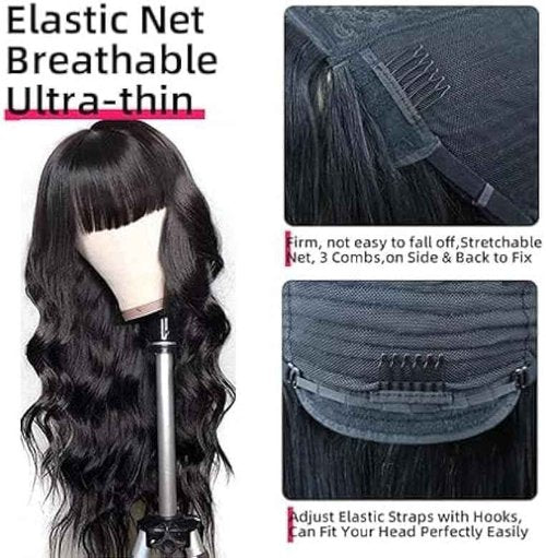 ROSELINE Body Wave Wigs with Bangs Human Hair Wigs for Black Women None Lace Front Wigs 150% Density Brazilian Virgin Hair Glueless Wig Natural Color 26inch