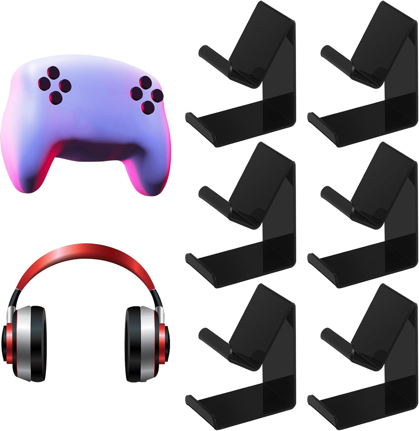 6 Pcs Headphone Wall Hangers 2 in 1 Adhesive Gaming Headset Holder Hooks for Wall Mount Strong Universal Stand Hooks for Most Headphone Controller, Hat, Baseball Caps, Closet, Door