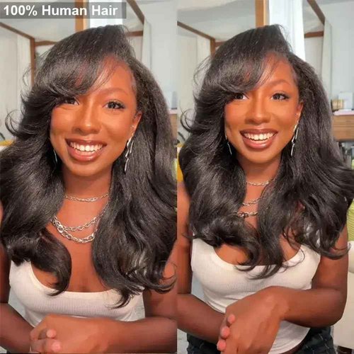 BGM GIRL Kinky Straight 3 in 1 Half Wig Human Hair Glueless Wear and Go No Lace Flip Over Wig With Adjustable Drawstring 180 Density Natural Look Wig For Women 18 Inch
