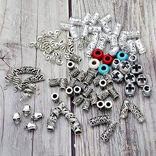 85Pcs Viking Norse Rune Beard Beads Ring Hair Braids Dreadlock Dreads Skull Snake Wolf Cross Turquoise Filigree Cuff Pirate Accessories Clips Pins Tube Locs Hair Extension Jewelry Vintage Silver