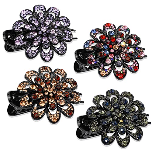 4Pcs Rhinestone Hair Claw Clips French Curved Duckbill Hair Clips Crystal Flower Barrettes for Women Girls Thick Long Hair