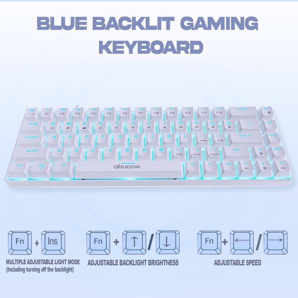 abucow 60% Mechanical Gaming Keyboard,Blue Switch Wired Compact Keyboard with Blue Backlight, Swappable Black Gray Keycaps, for Windows/Mac