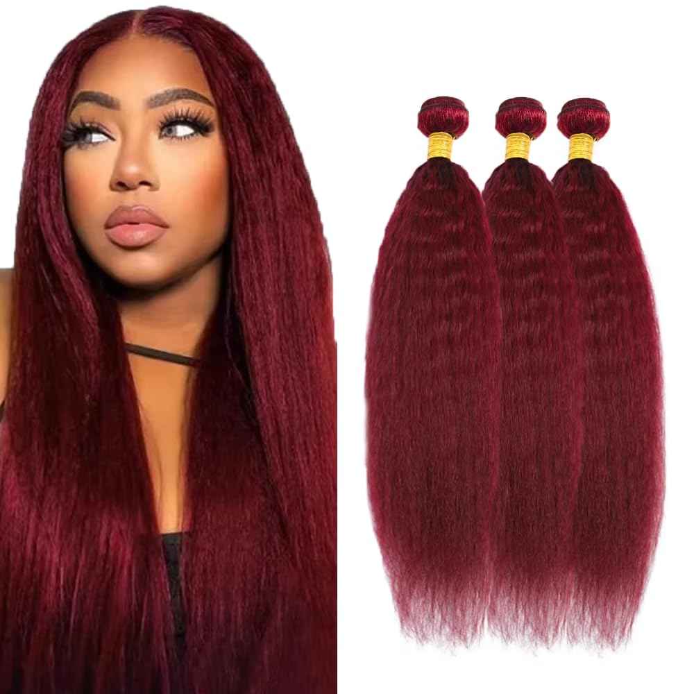28 28 28 inch Burgundy Bundles Human Hair Red Kinky Straight Bundle 99J Human Hair Bundles Burgundy Yaki Bundle