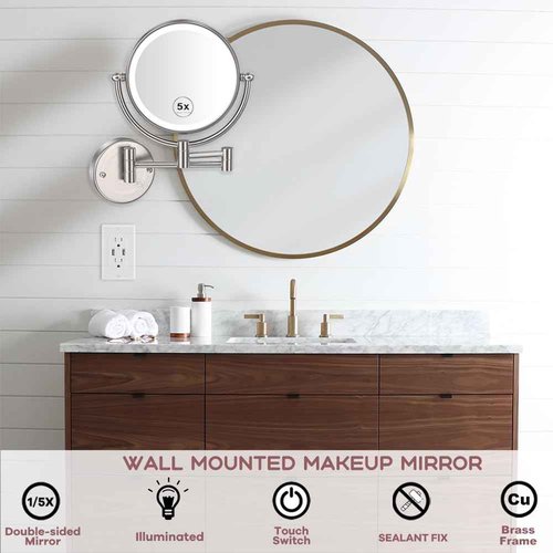 RECKODOR Bathroom Magnifying Makeup Mirror Wall Mounted with Light, Hardwired 7W LED Lighted Vanity Mirror, 360 Swivel 17.7 Inch Brass Extension Arm, Touch Dimmable, Brushed Nickel