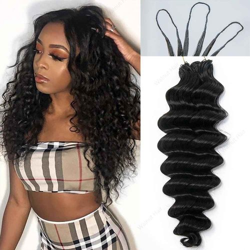 Deep Wave Crochet Human Hair Extensions Brazilian Virgin Feather Human Hair Bundles Pre Separated Braiding Hair Pre Looped for Boho Braids For Black Women Walnut Hair Natural Color 22inch 60g