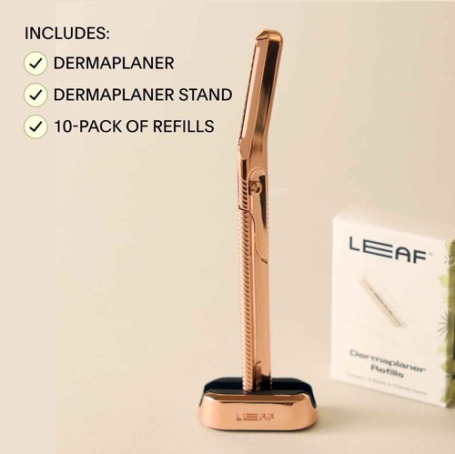 Leaf Shave | Leaf Dermaplaner Kit, All-Metal Reusable Dermaplane Razor and Exfoliating Tool for Women, Includes Matching Stand and 10-Pack of Refills - Silver