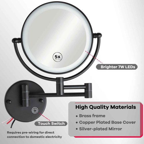 RECKODOR Hard Wired Make up Mirror Magnifying Lighted Black Wall Mounted, 8" 1X/5X Double-Sided 360 Swivel Extendable Arm Bathroom Makeup Mirror Wall Mount, Touch Dimmable, Matt Black