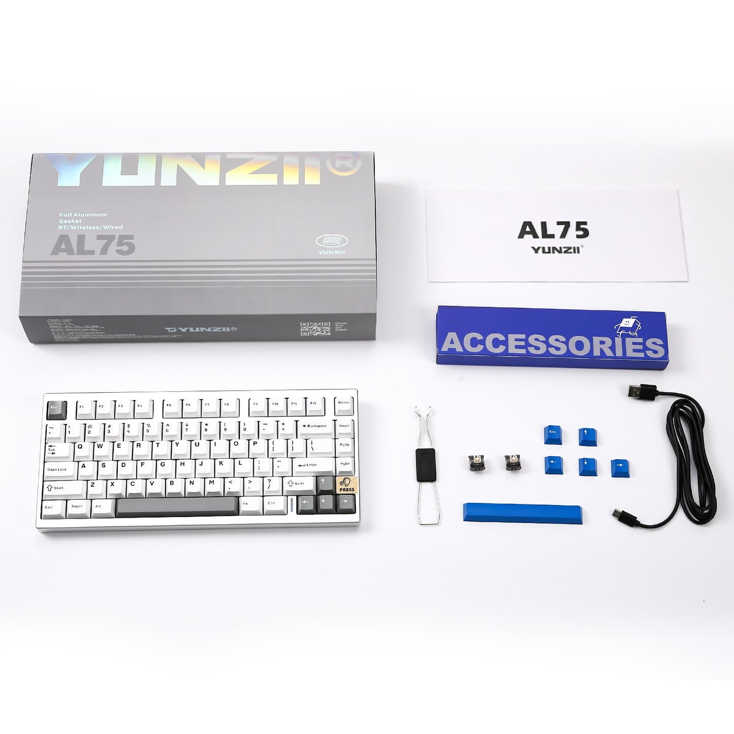 YUNZII AL75 Wireless Mechanical Gaming Keyboard,Full Aluminum CNC,75% Layout,BT/2.4G/Wired,Hot Swap,Creamy Switches,TKL Gasket,RGB Backlight,Programmable for Mac/Win (Silver, Blue Grey Switch)